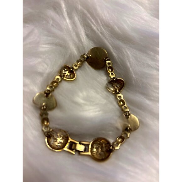 Gold-tone Vtg Scroll Charm Bracelet w/ Black Enamel, Yellow Crystal Accents 7.5” - Picture 6 of 11